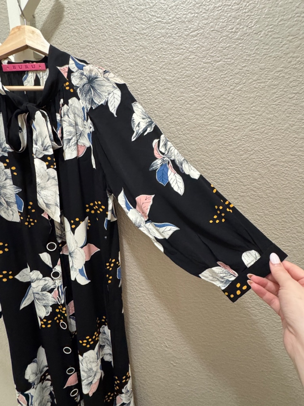 BURU Black Floral Maxi Dress Tie Neck Button Front Long Sleeve Statement - Picture 9 of 10